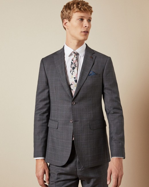 Performance check suit jacket Charcoal Mens Suits | Ted Baker