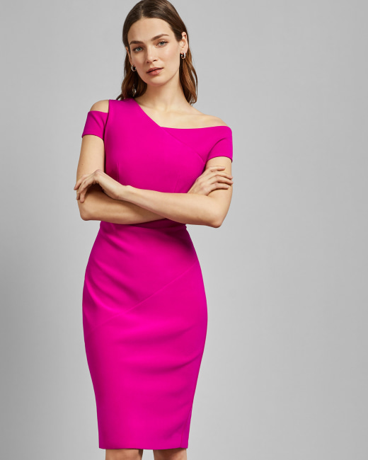 Asymmetric neckline dress - Bright Pink 