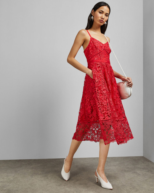 Mixed lace midi dress - Red | Dresses 