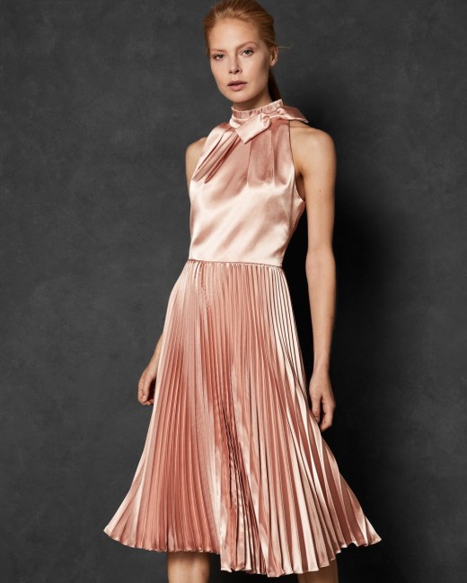 Bow neck pleated dress - Rose Gold 
