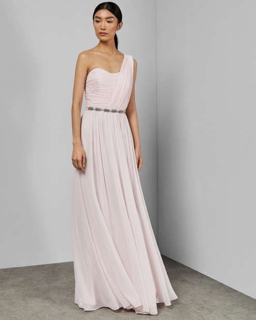 one shoulder pink gown