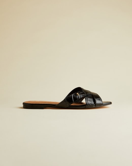 Leather croc effect flat sandal - Black 