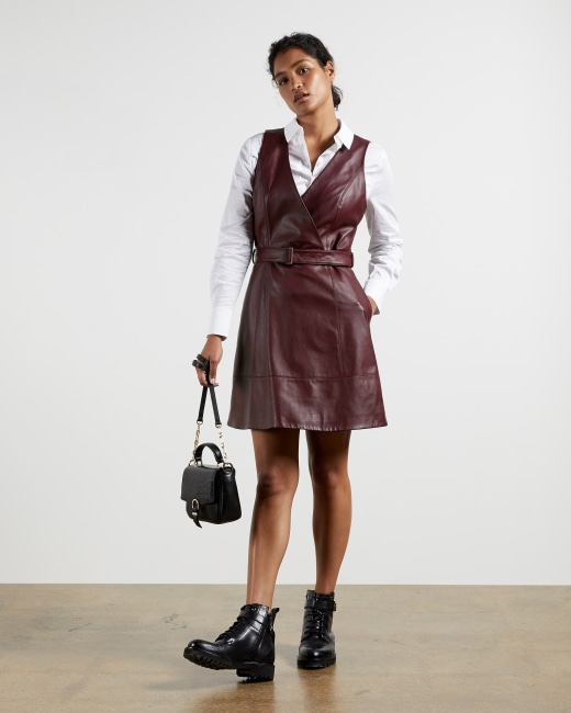 Leather belted wrap dress - WINE 