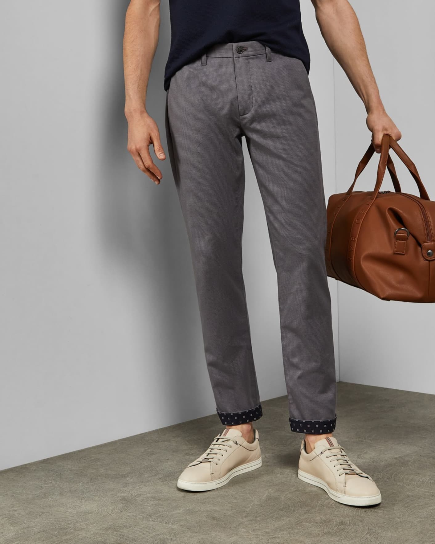 Grey Slim Fit Textured Cotton Trousers Ted Baker