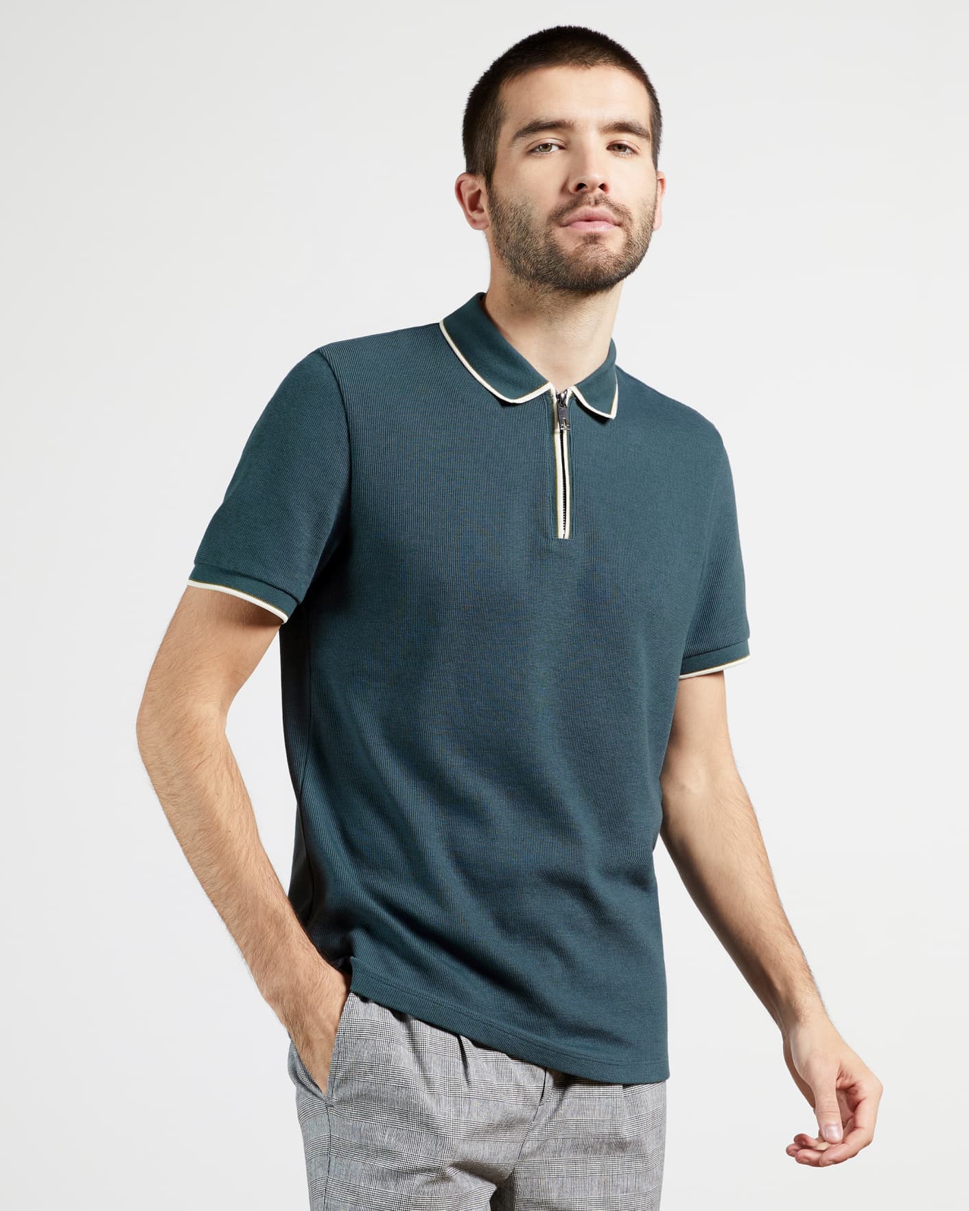 Dark Blue Textured Polo With Zip Neck Ted Baker