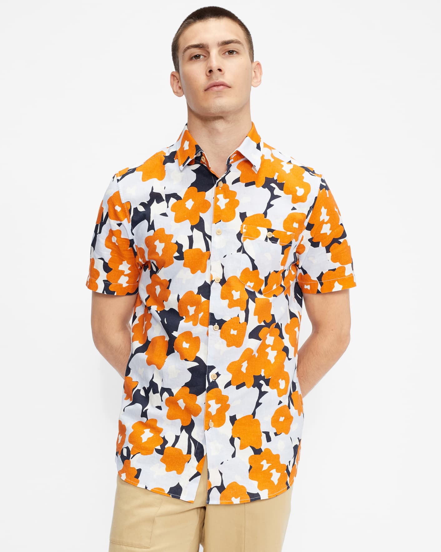 Orange SS Floral Seersucker Print Shirt Ted Baker