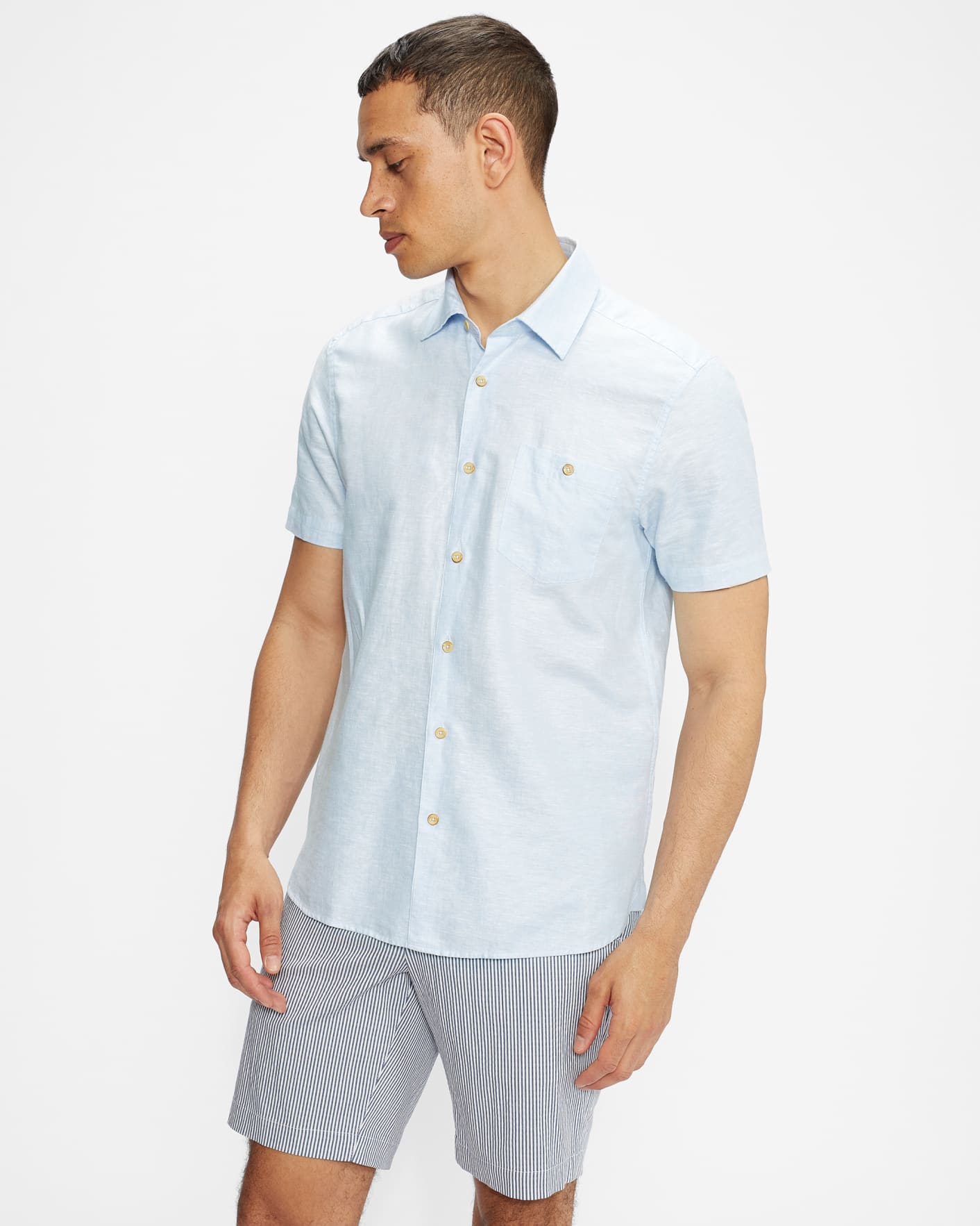 Light Blue Short Sleeve Plain Linen Shirt Ted Baker