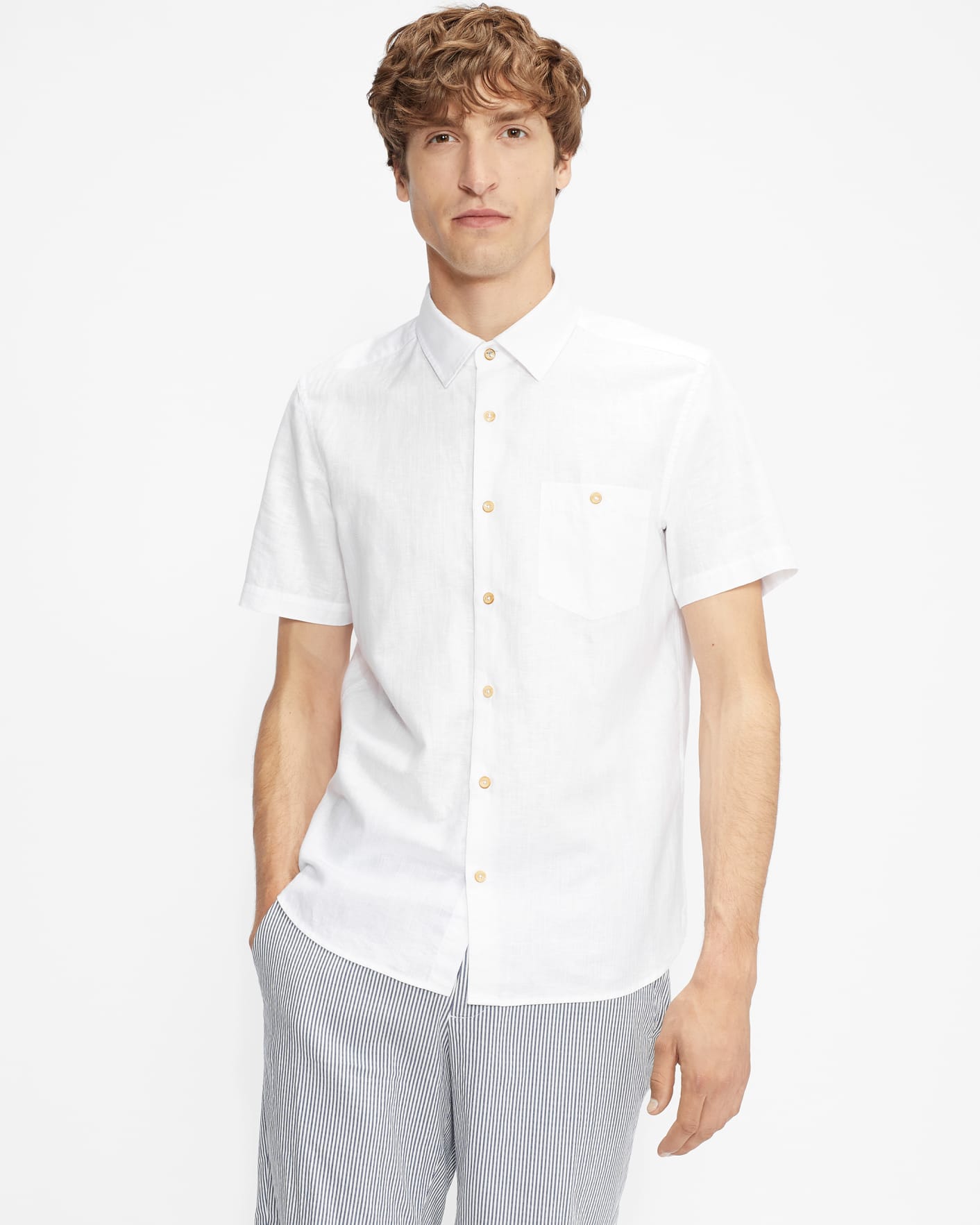 White Short Sleeve Plain Linen Shirt Ted Baker