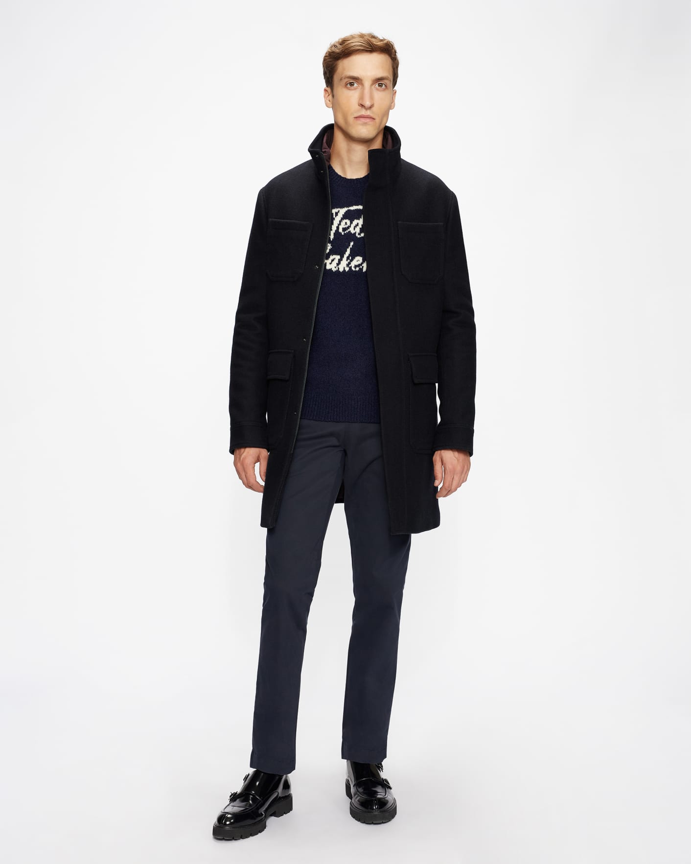 Navy Funnel Neck Coat With Pockets Ted Baker