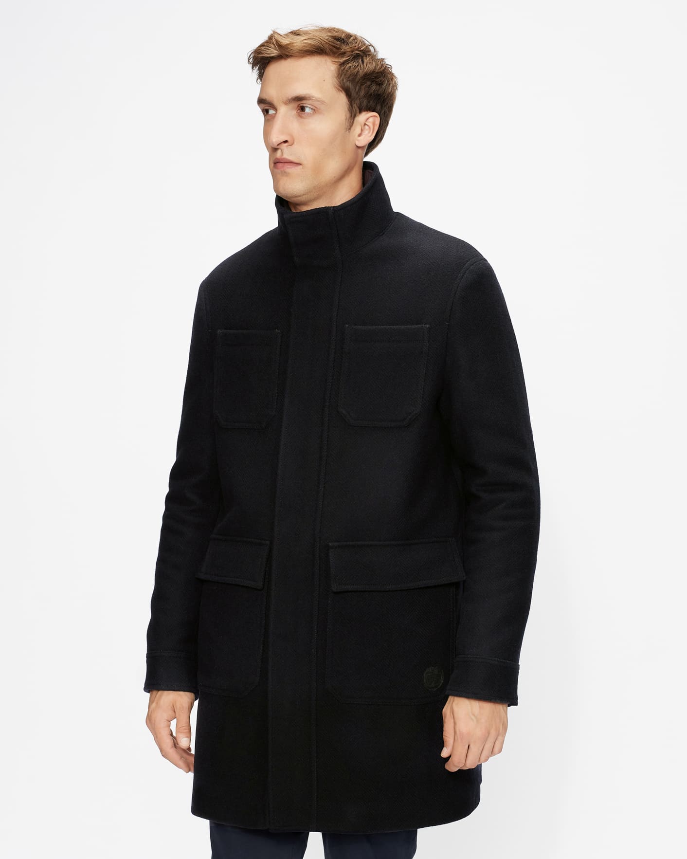 Navy Funnel Neck Coat With Pockets Ted Baker
