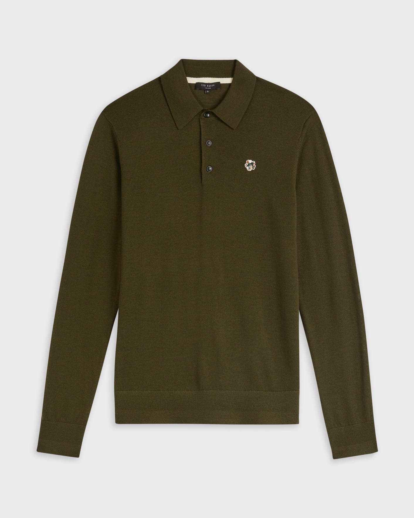 Khaki Merino Wool Long Sleeve Polo Shirt Ted Baker