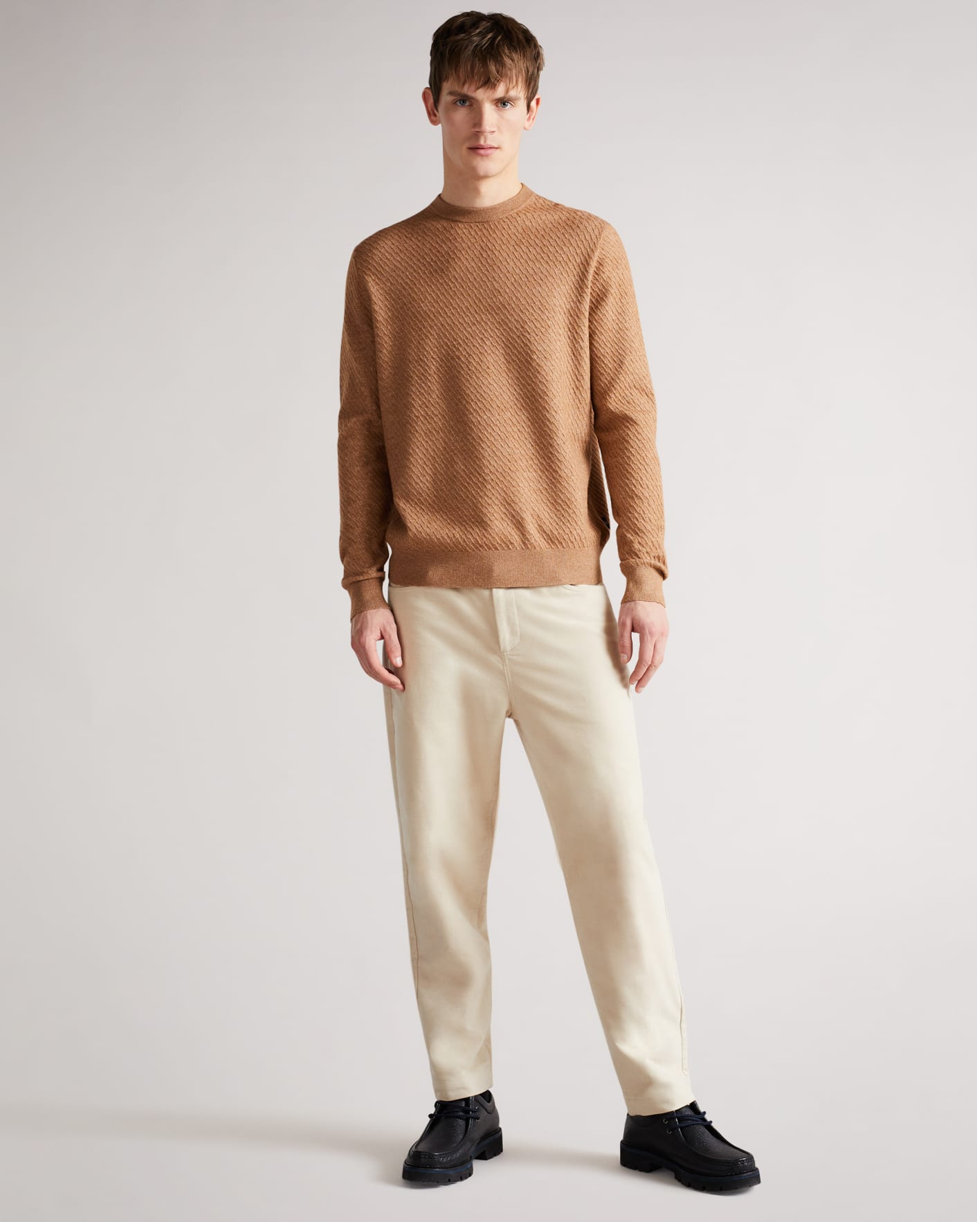 Tan-White LS Textured Crew Neck Jumper Ted Baker
