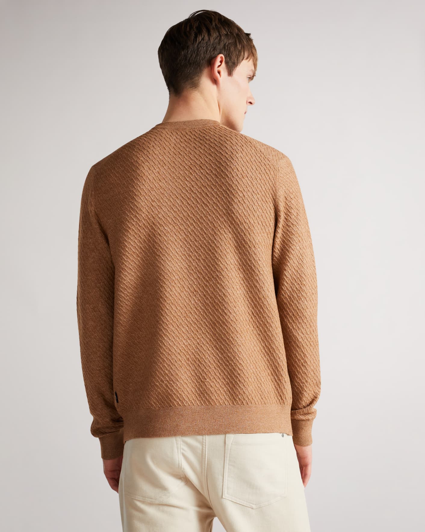 Tan-White LS Textured Crew Neck Jumper Ted Baker