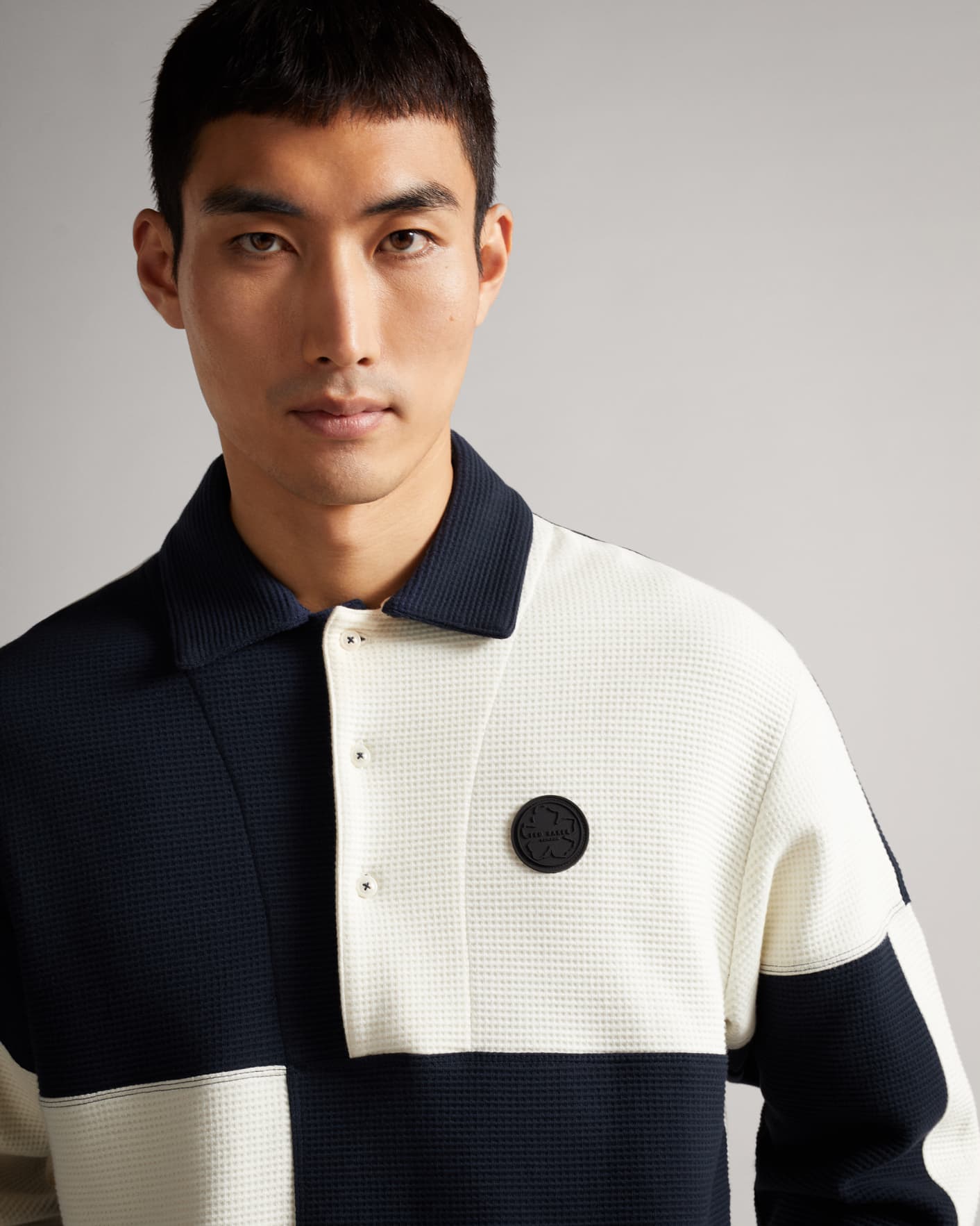 Navy Waffle Knit Panelled Polo Shirt Ted Baker