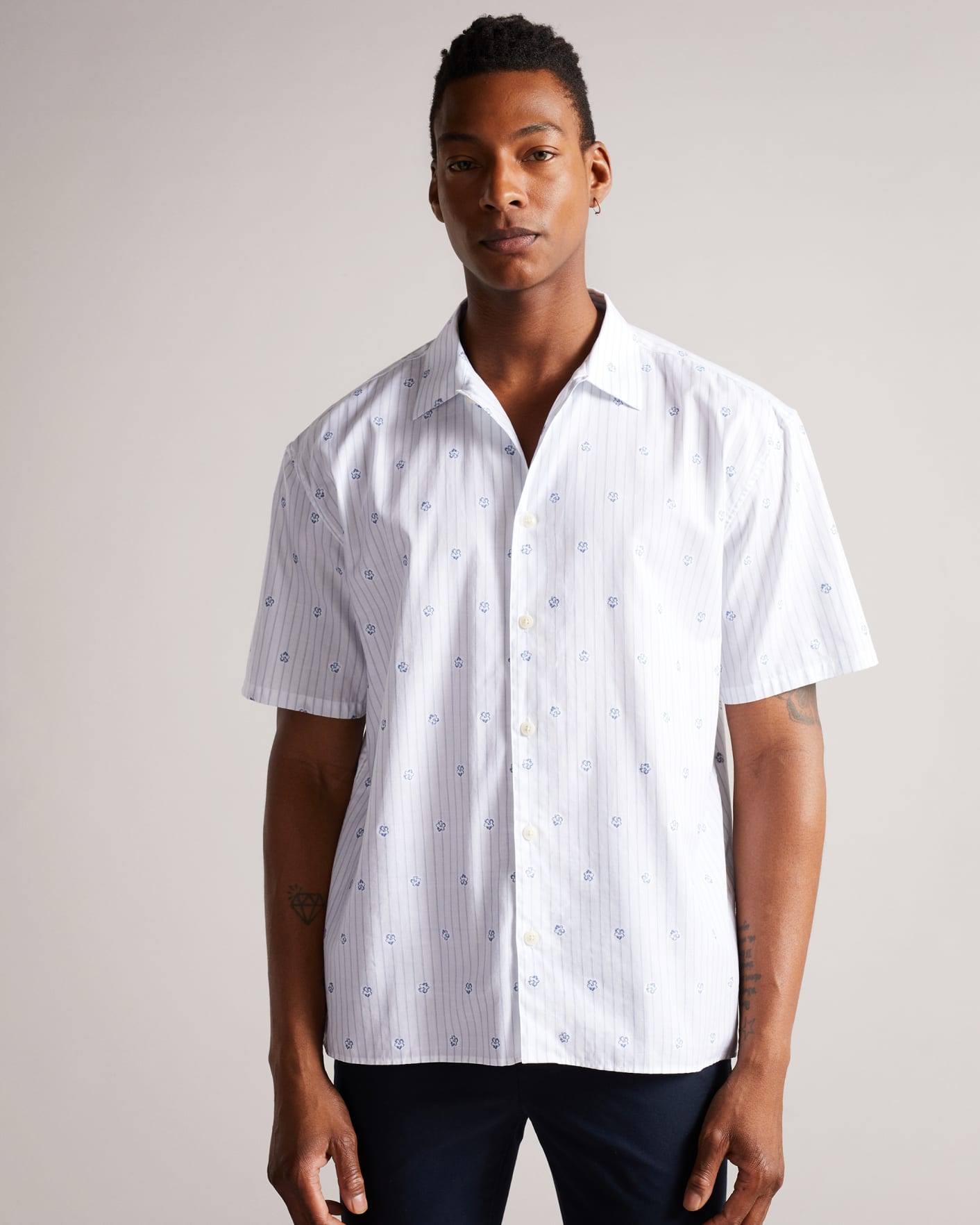 White Short Sleeve Stripe Flower Coupe Shirt Ted Baker