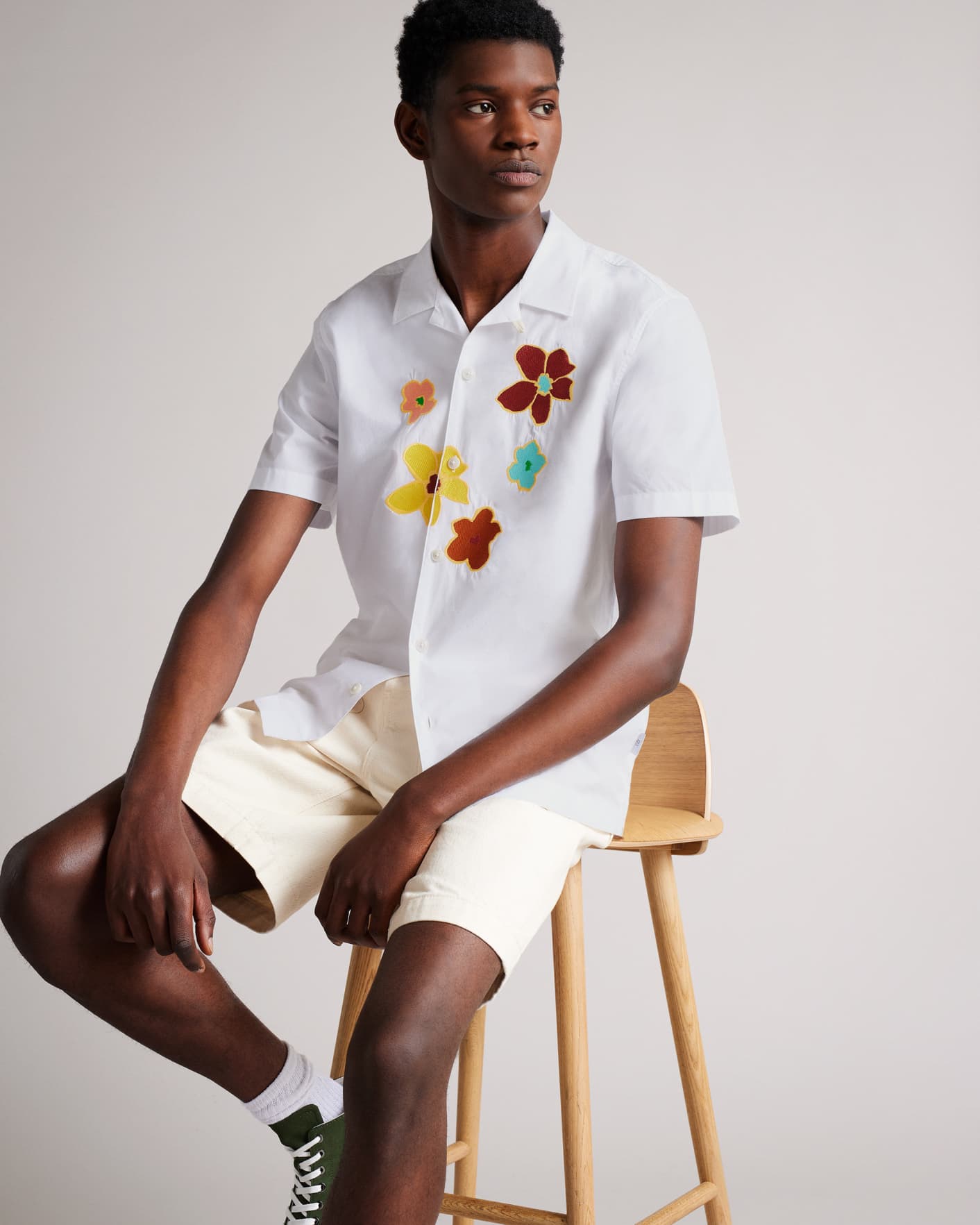 White Short Sleeve Revere Floral Applique Shirt Ted Baker