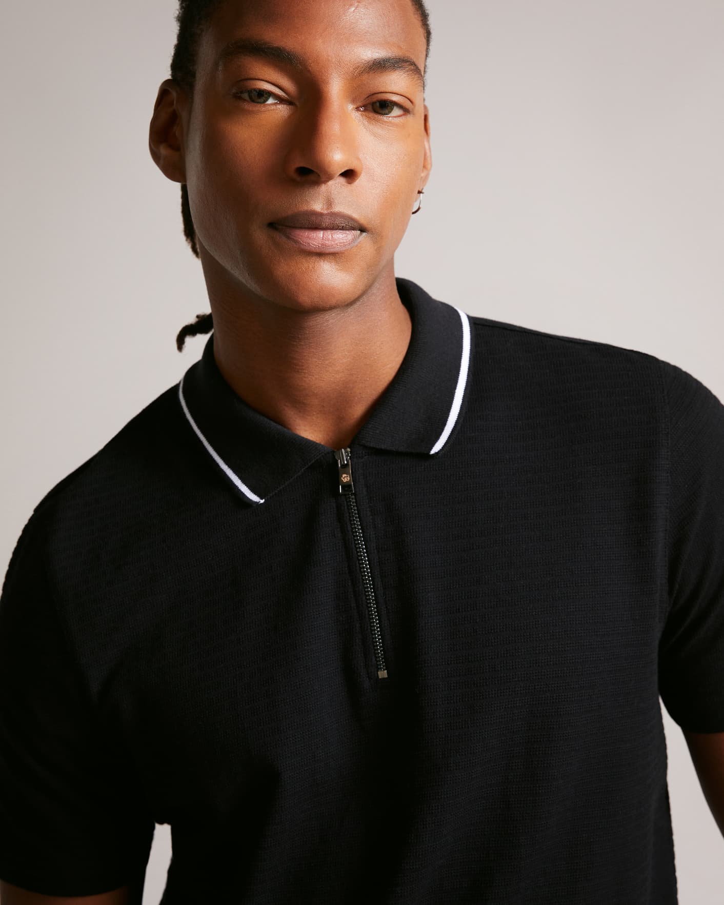 Black Short Sleeve Textured Zip Polo Shirt Ted Baker