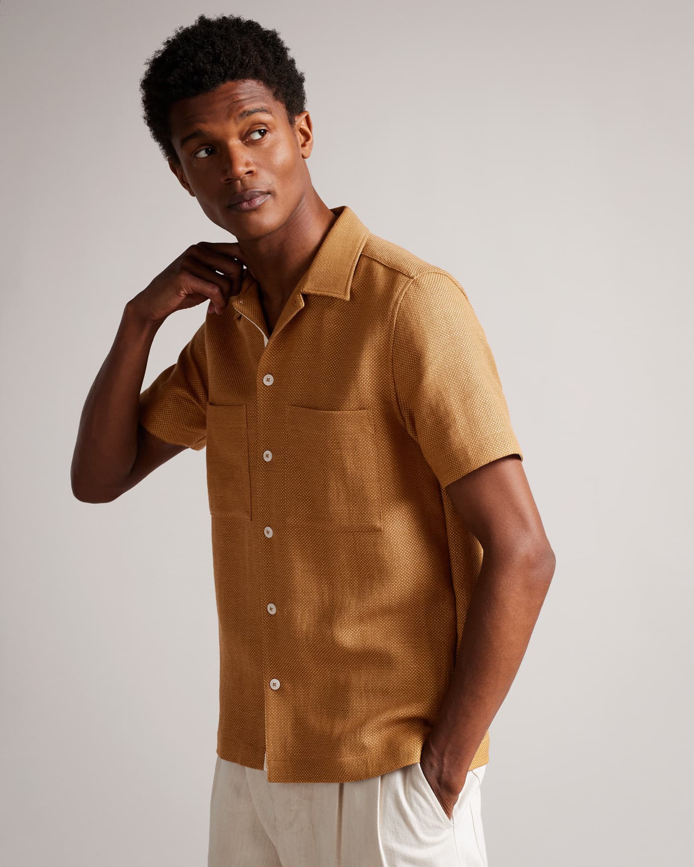 Brown-Tan Short Sleeve Revere Texture Shirt Ted Baker