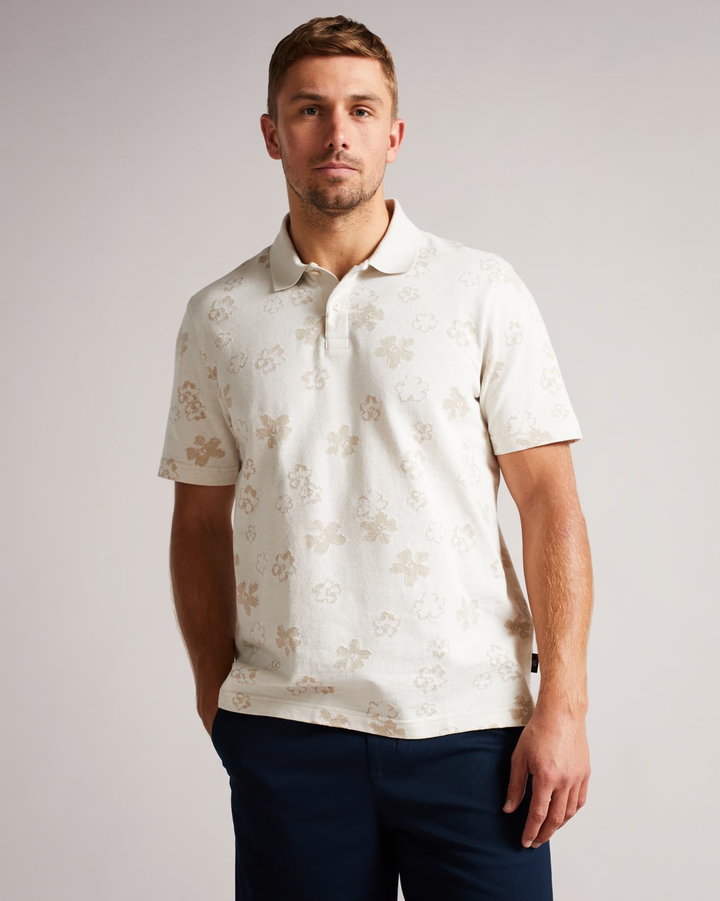 Ecru Short Sleeve Flower Jacquard Polo Shirt Ted Baker