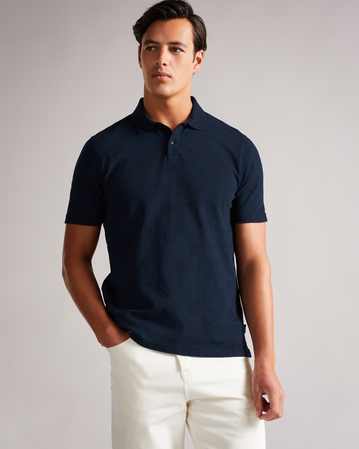 Navy Short Sleeve Flower Jacquard Polo Shirt Ted Baker