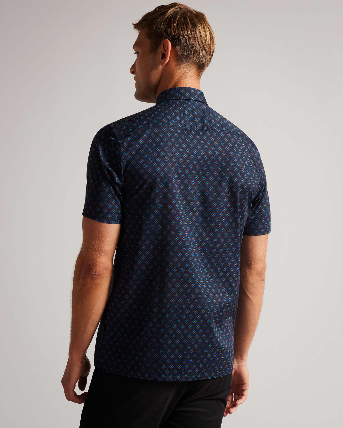 Navy Short Sleeve Geometric Print Shirt Ted Baker