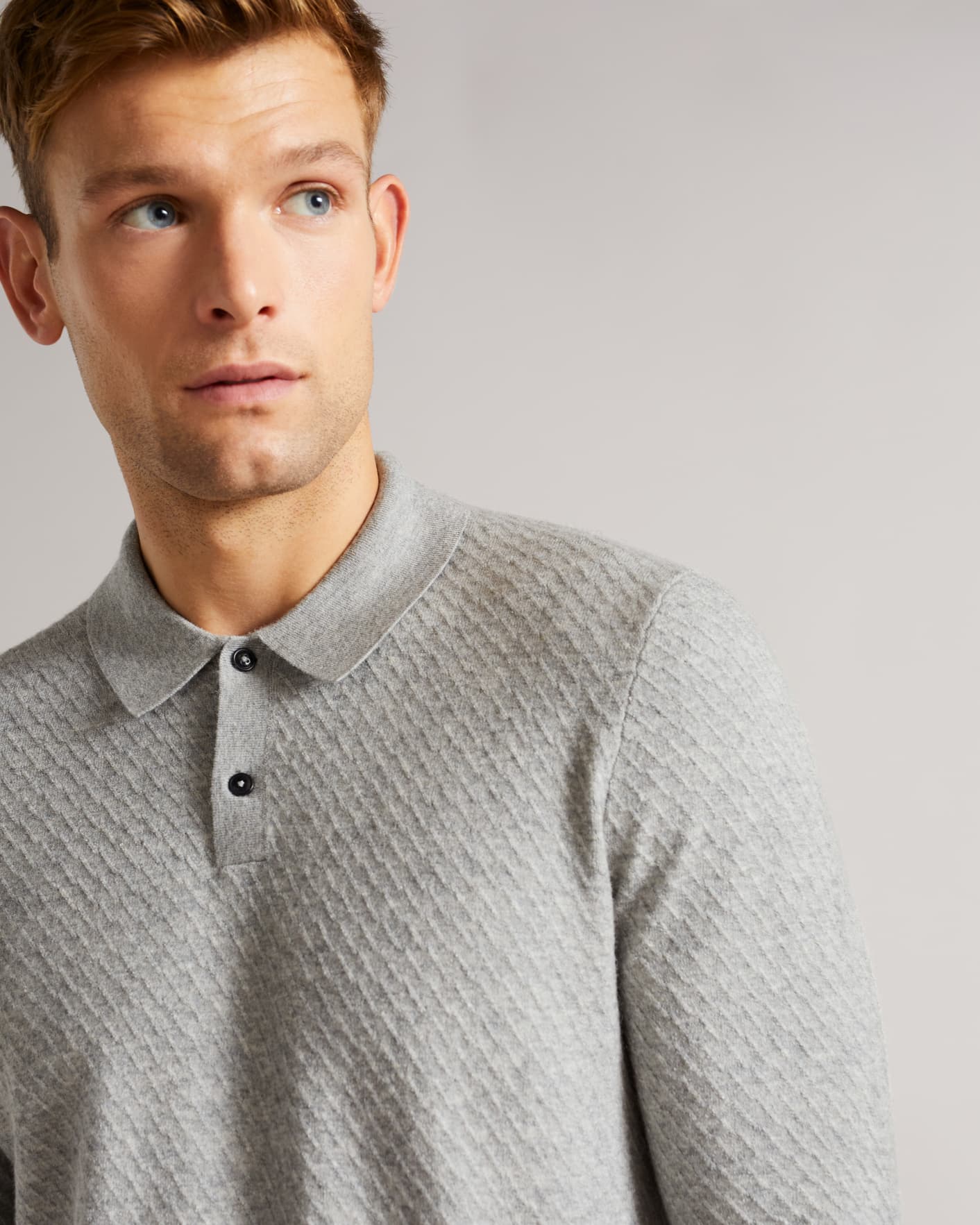 Grey-Marl LS Knitted Textured Polo Ted Baker