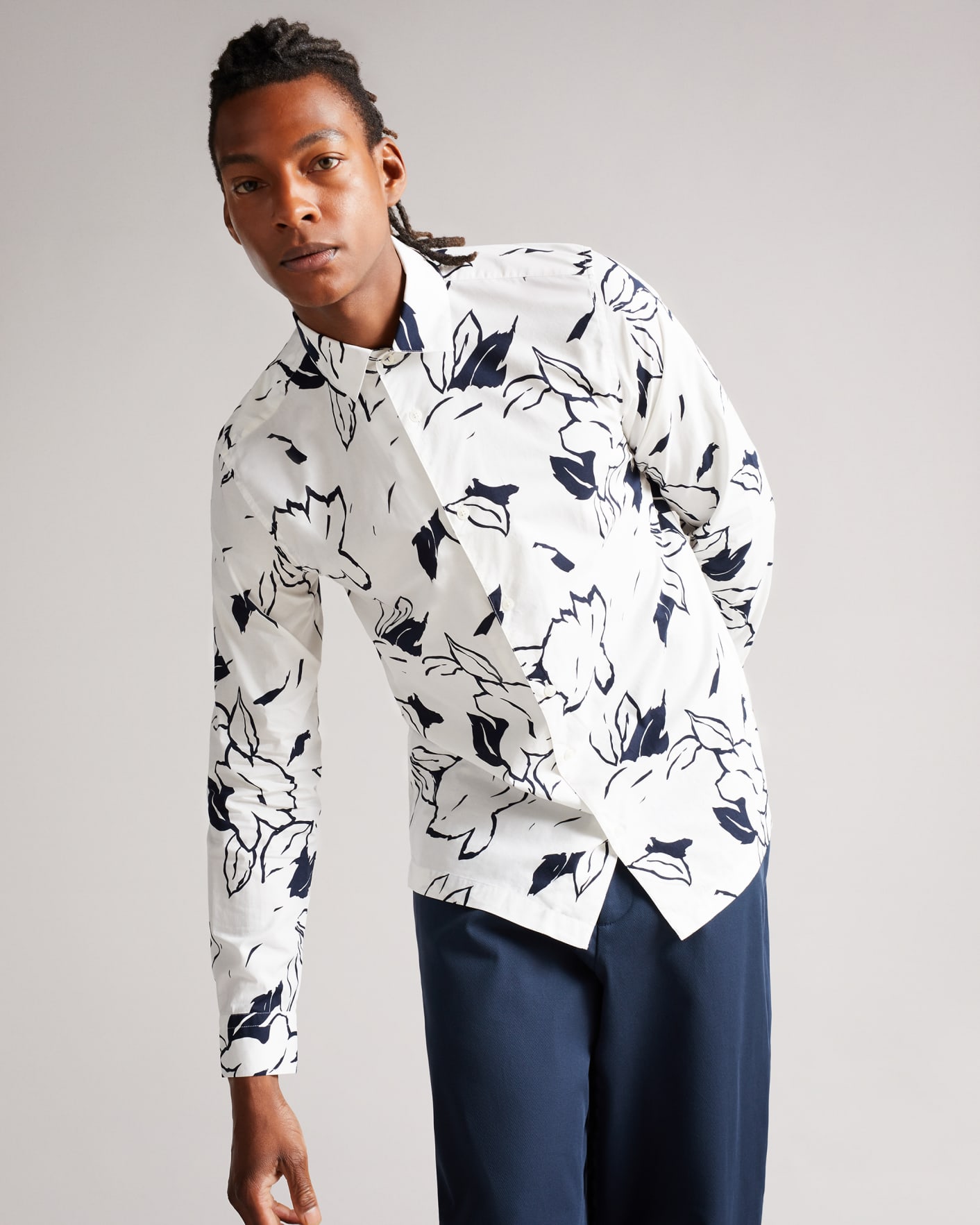 White Long Sleeve Floral Outline Printed Shirt Ted Baker