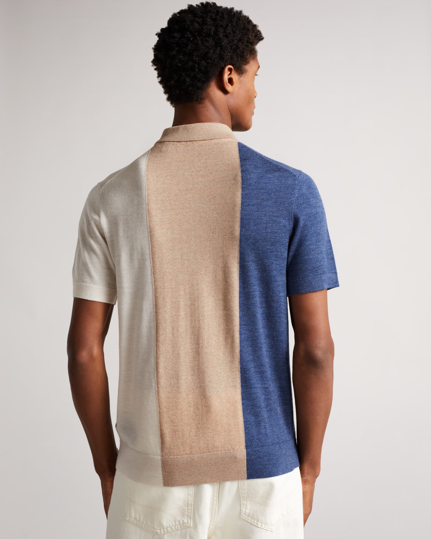 Ecru Short Sleeve Vertical Striped Merino Wool Polo Ted Baker