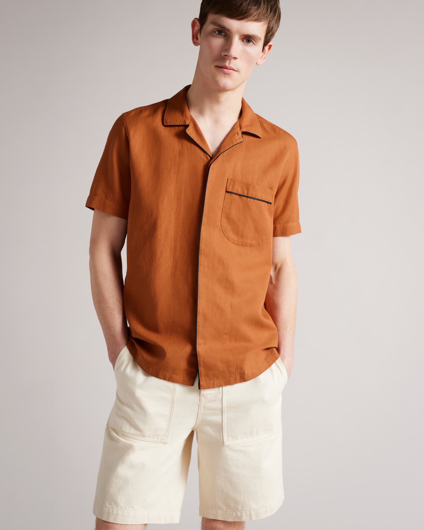 Brown-Tan Short Sleeve Piece Dyed Revere Collar Ted Baker
