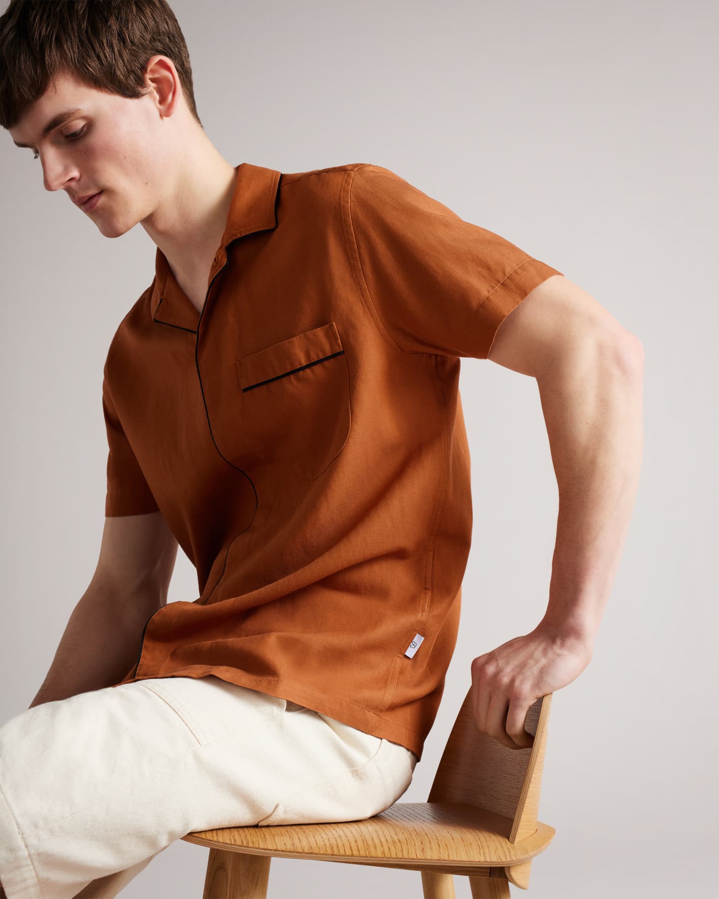 Brown-Tan Short Sleeve Piece Dyed Revere Collar Ted Baker