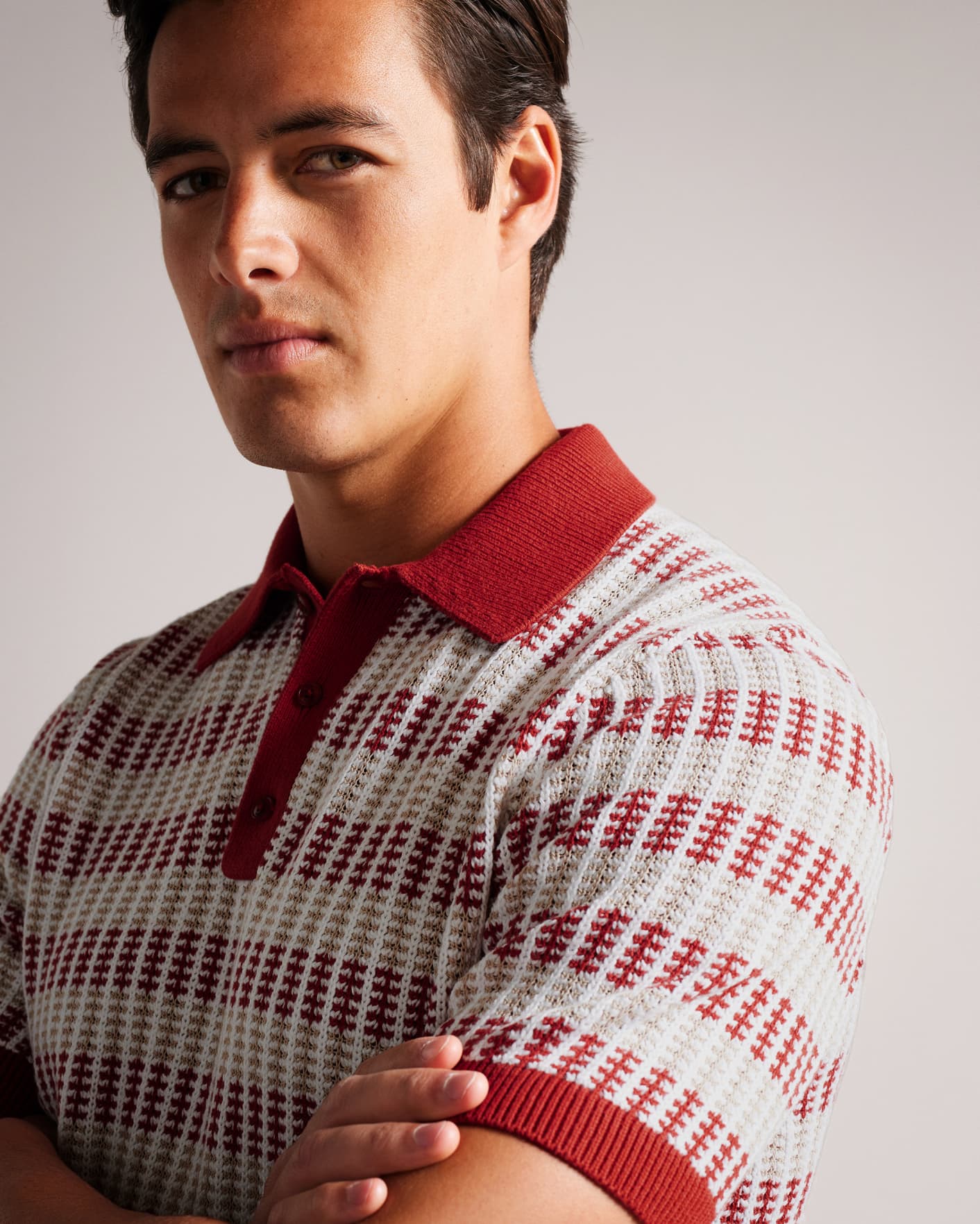 Burnt Red Open Knit Striped Polo Ted Baker