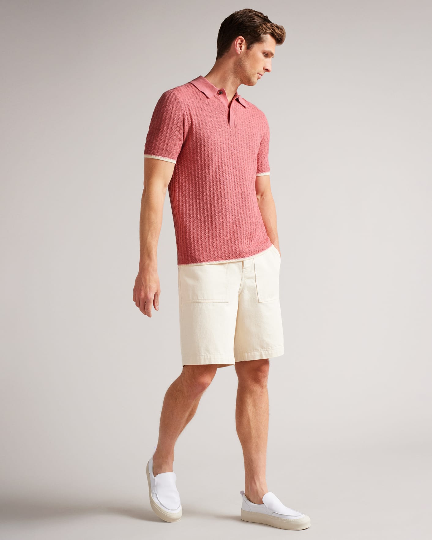 MID-PINK Knitted Textured Stitch Polo Ted Baker