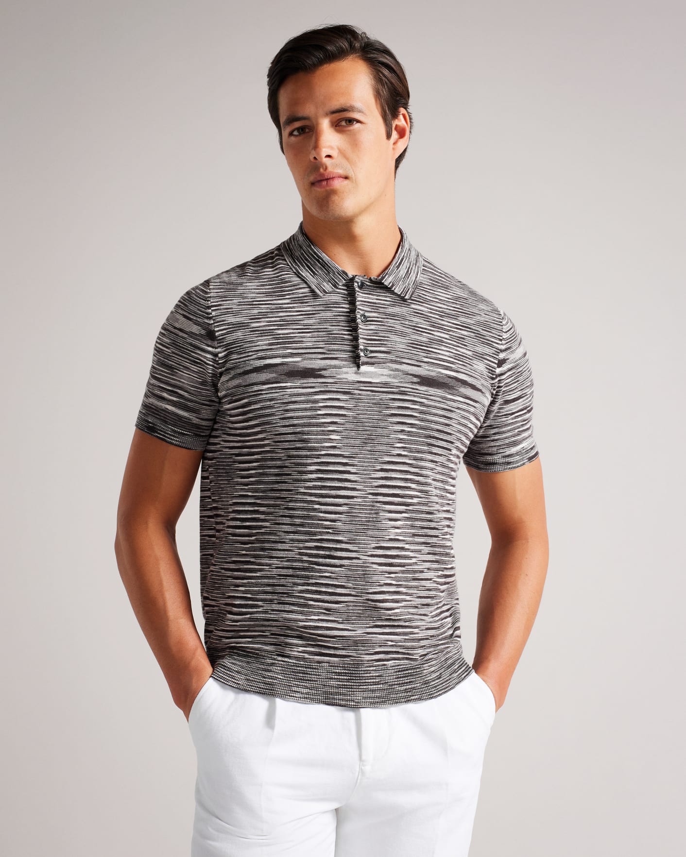 Black Knitted Polo with Space Dye Stripes Ted Baker