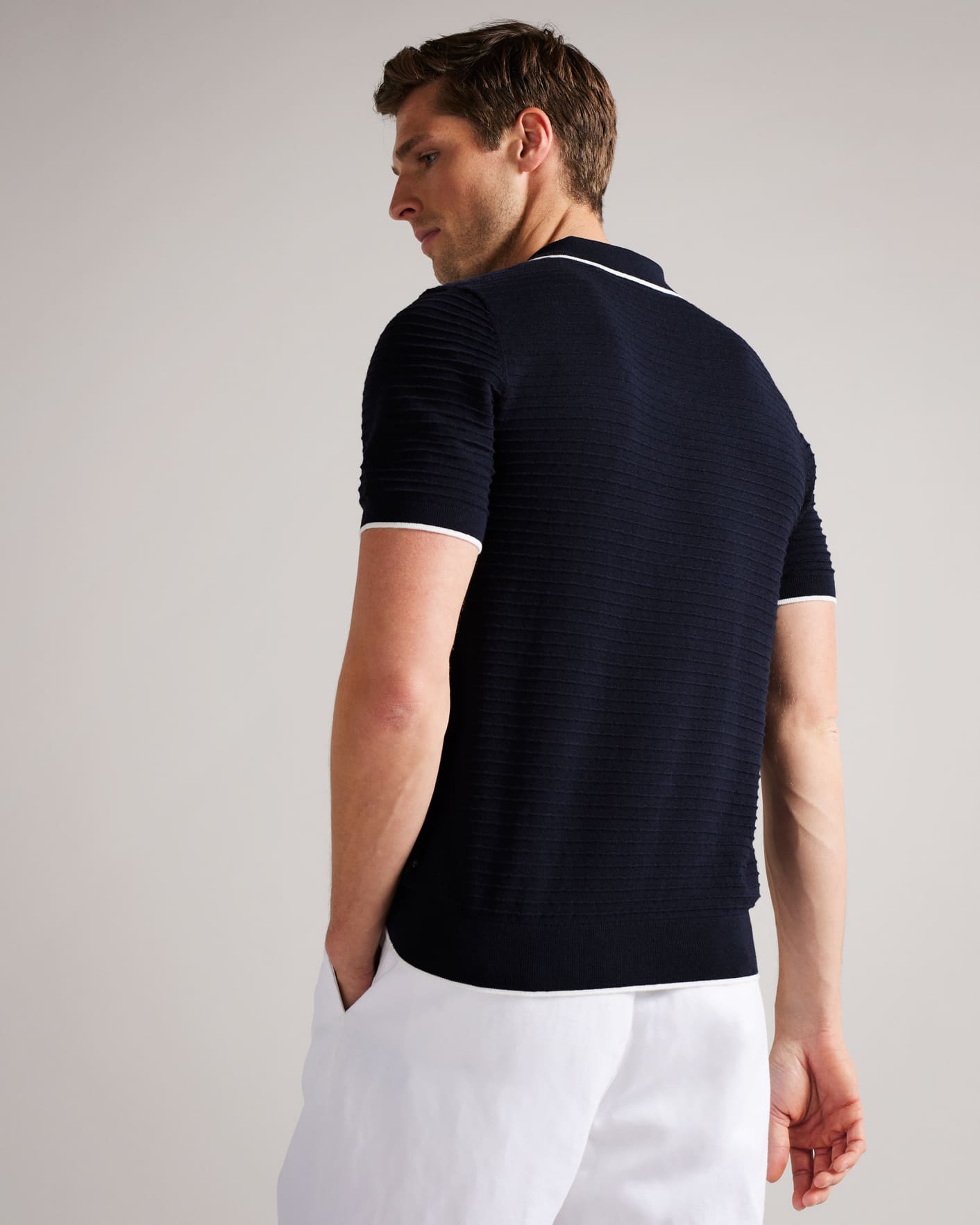 Navy Textured Stripe Knitted Polo Shirt Ted Baker