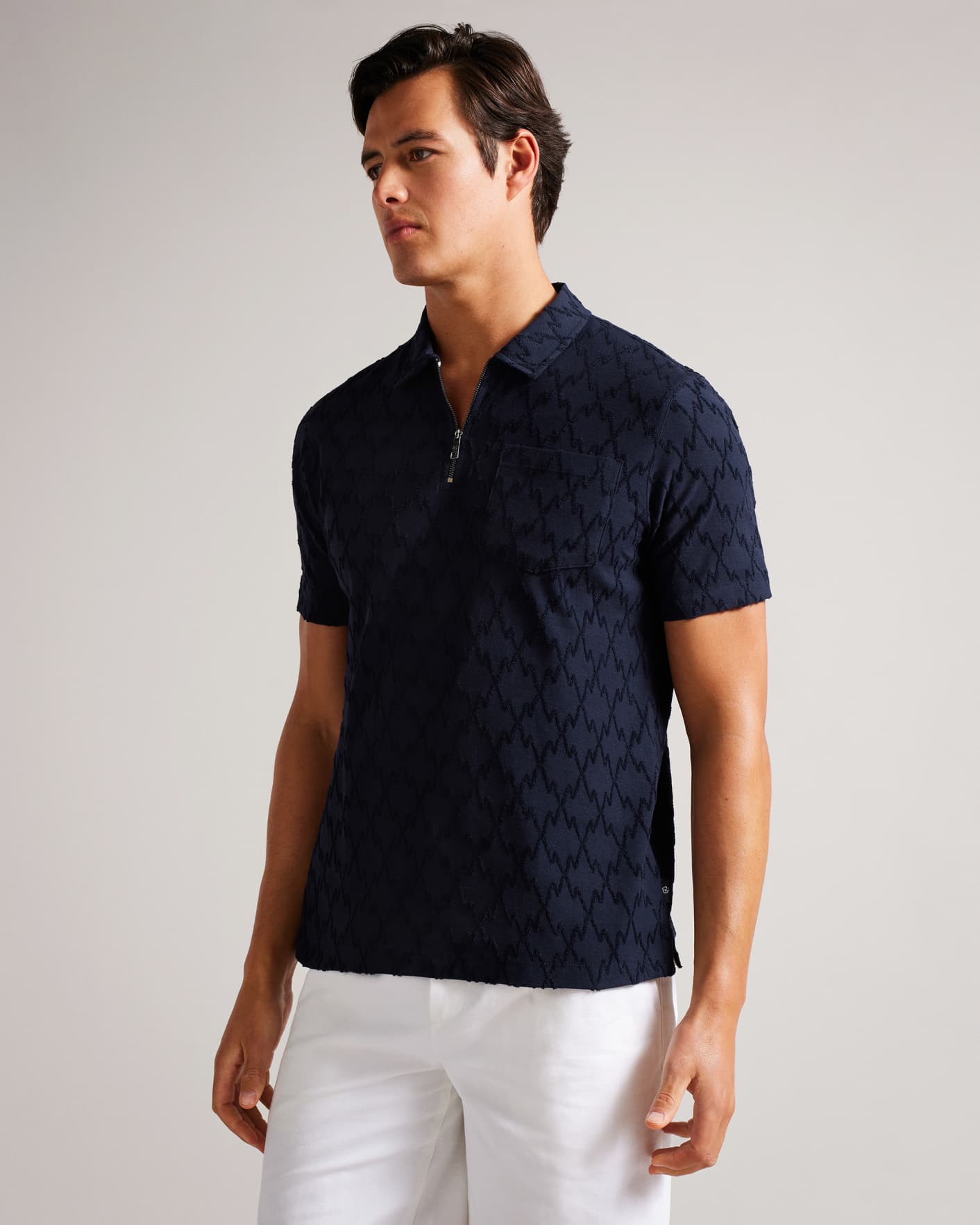 Navy Short Sleeve Zip Jacquard Polo Shirt Ted Baker