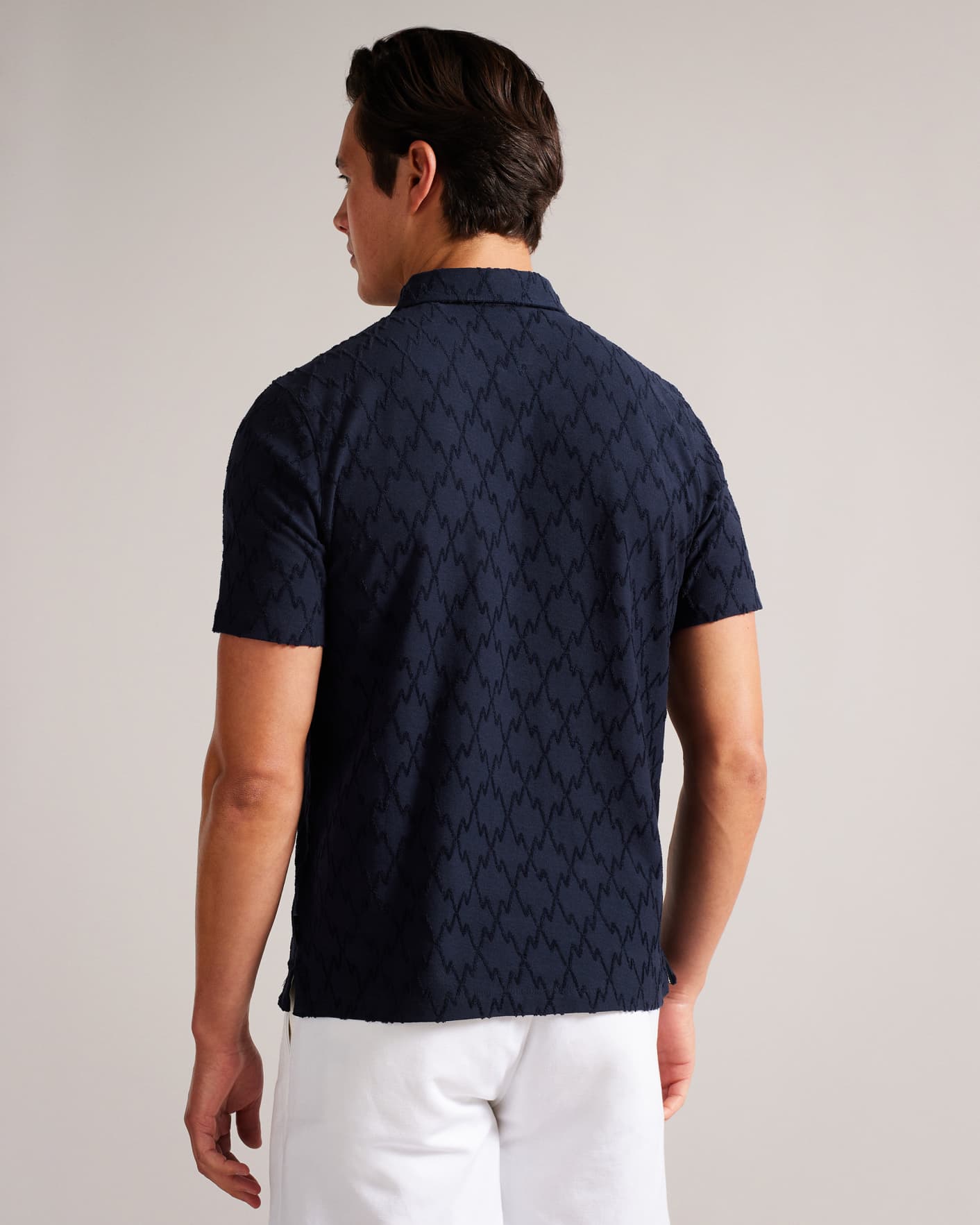 Navy Short Sleeve Zip Jacquard Polo Shirt Ted Baker