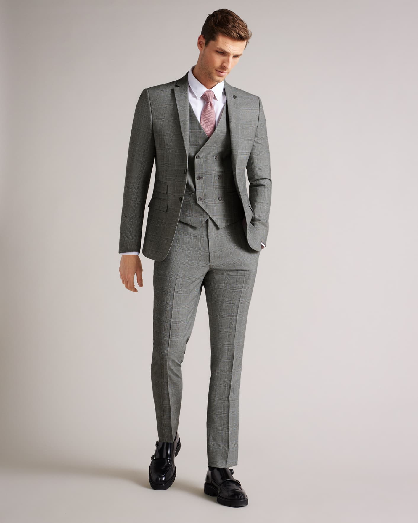 Mid Gray Slim Grey Blue Check Suit Trousers Ted Baker