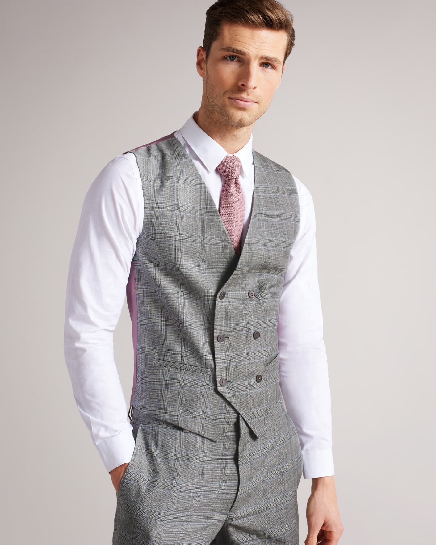 Medium Grey Slim Fit Grey Blue Check Suit Waistcoat Ted Baker