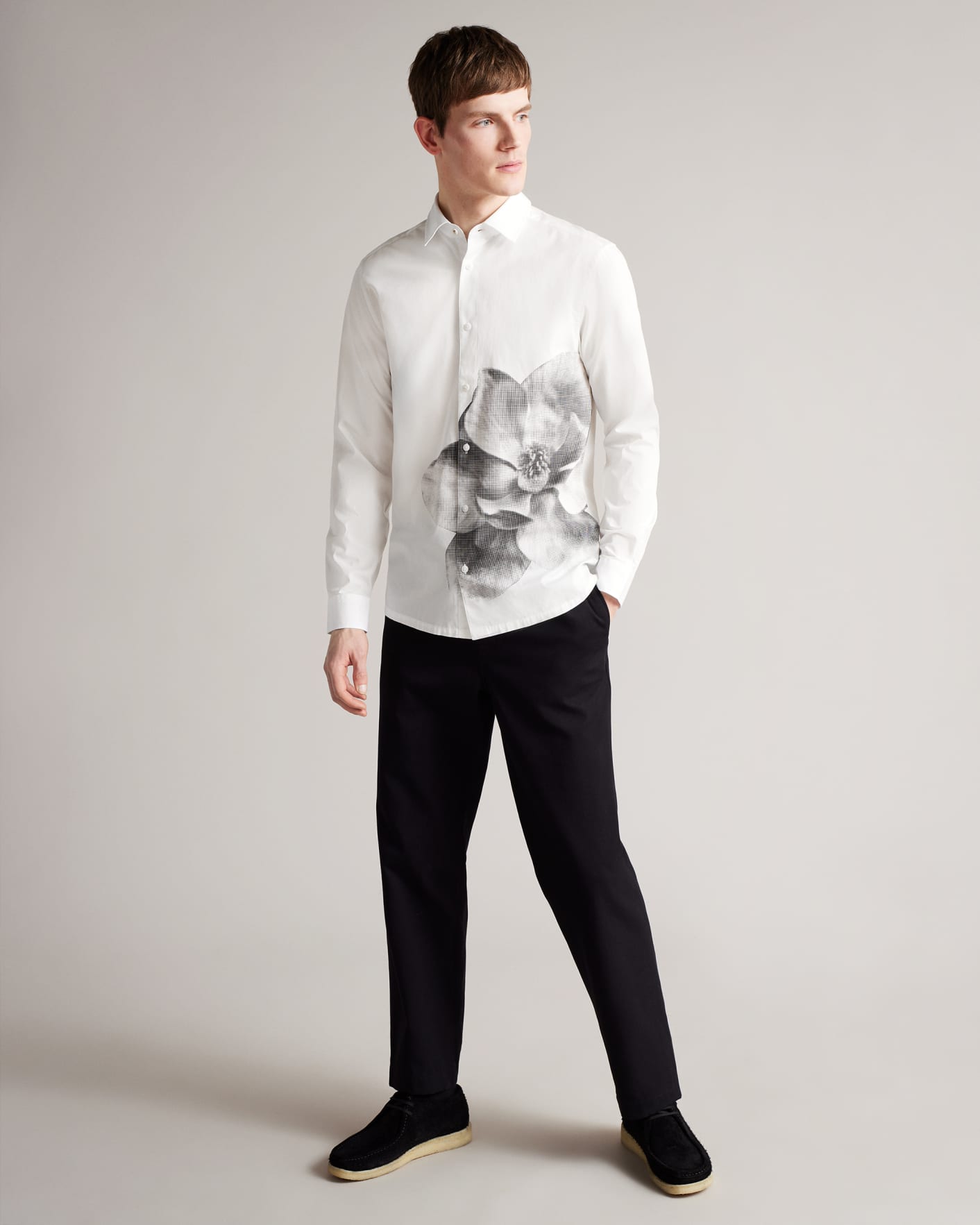 White Long Sleeve Photographic Floral Printed Shirt Ted Baker