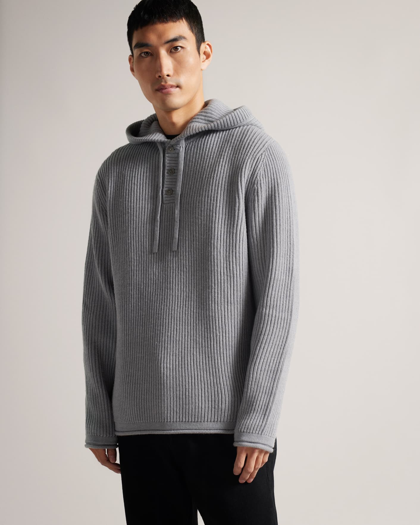 Gray Marl Long Sleeve Hooded Button Placket Jumper Ted Baker