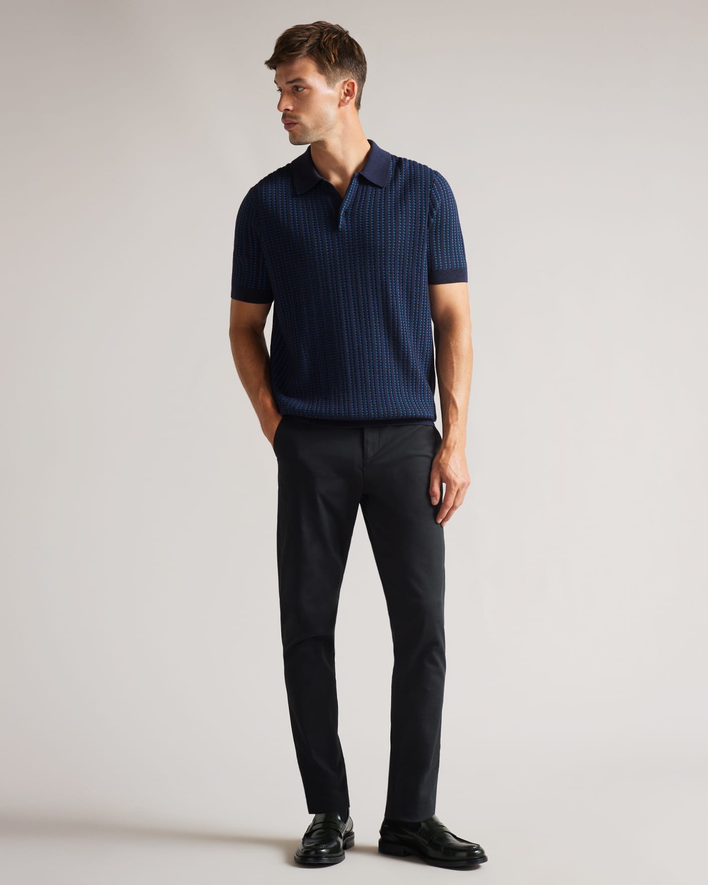 Navy Textured Knit Polo Shirt Ted Baker