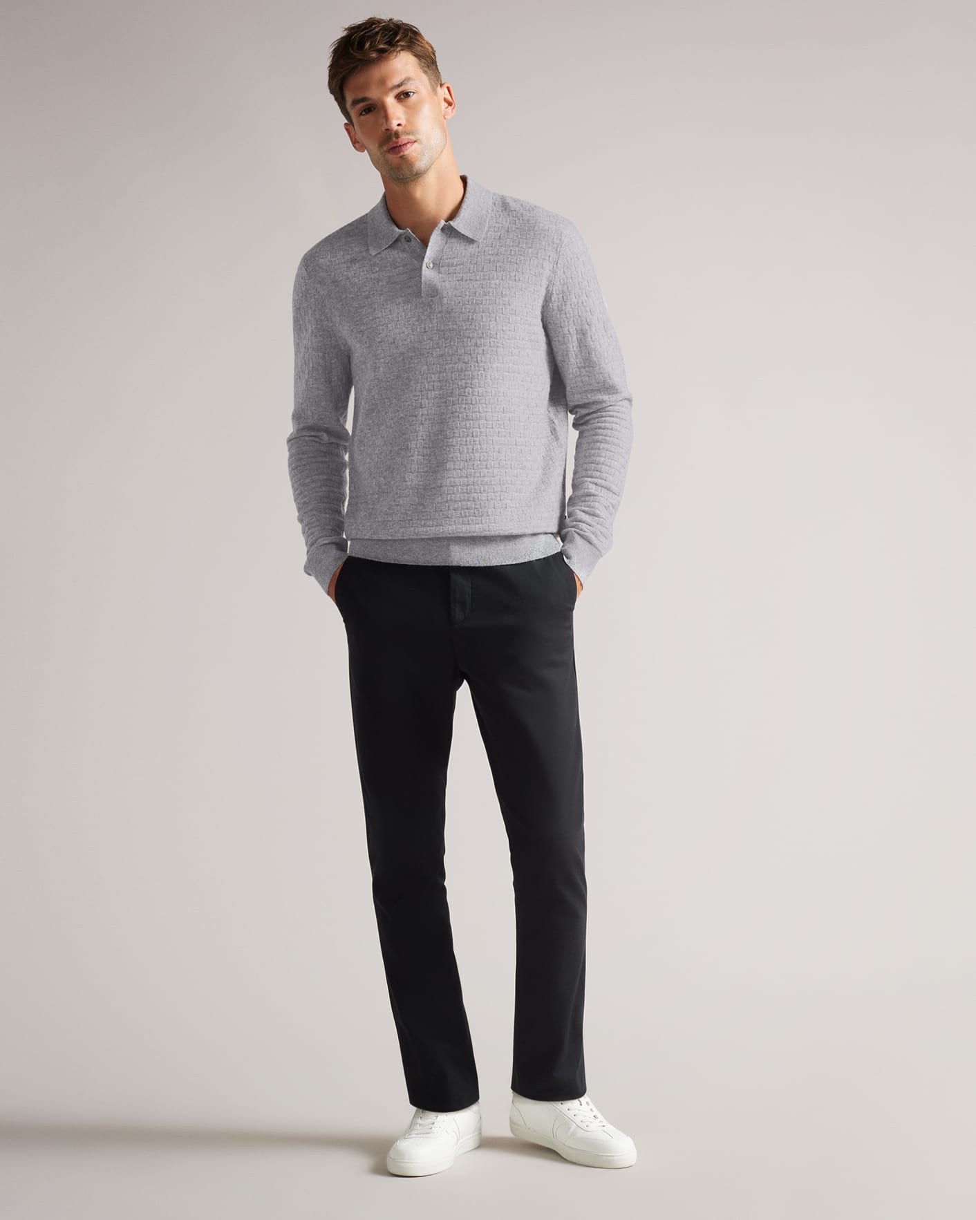 Gray Marl Long Sleeve Knitted Polo Shirt Ted Baker