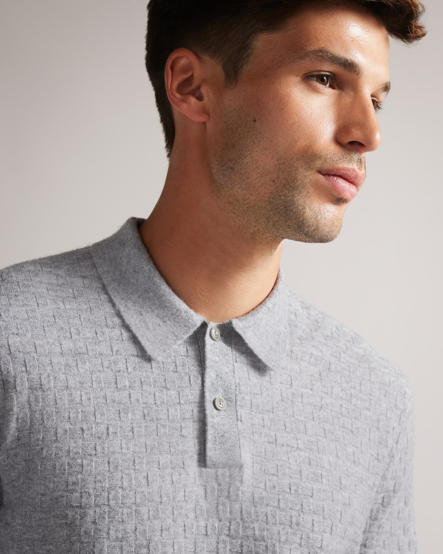 Gray Marl Long Sleeve Knitted Polo Shirt Ted Baker