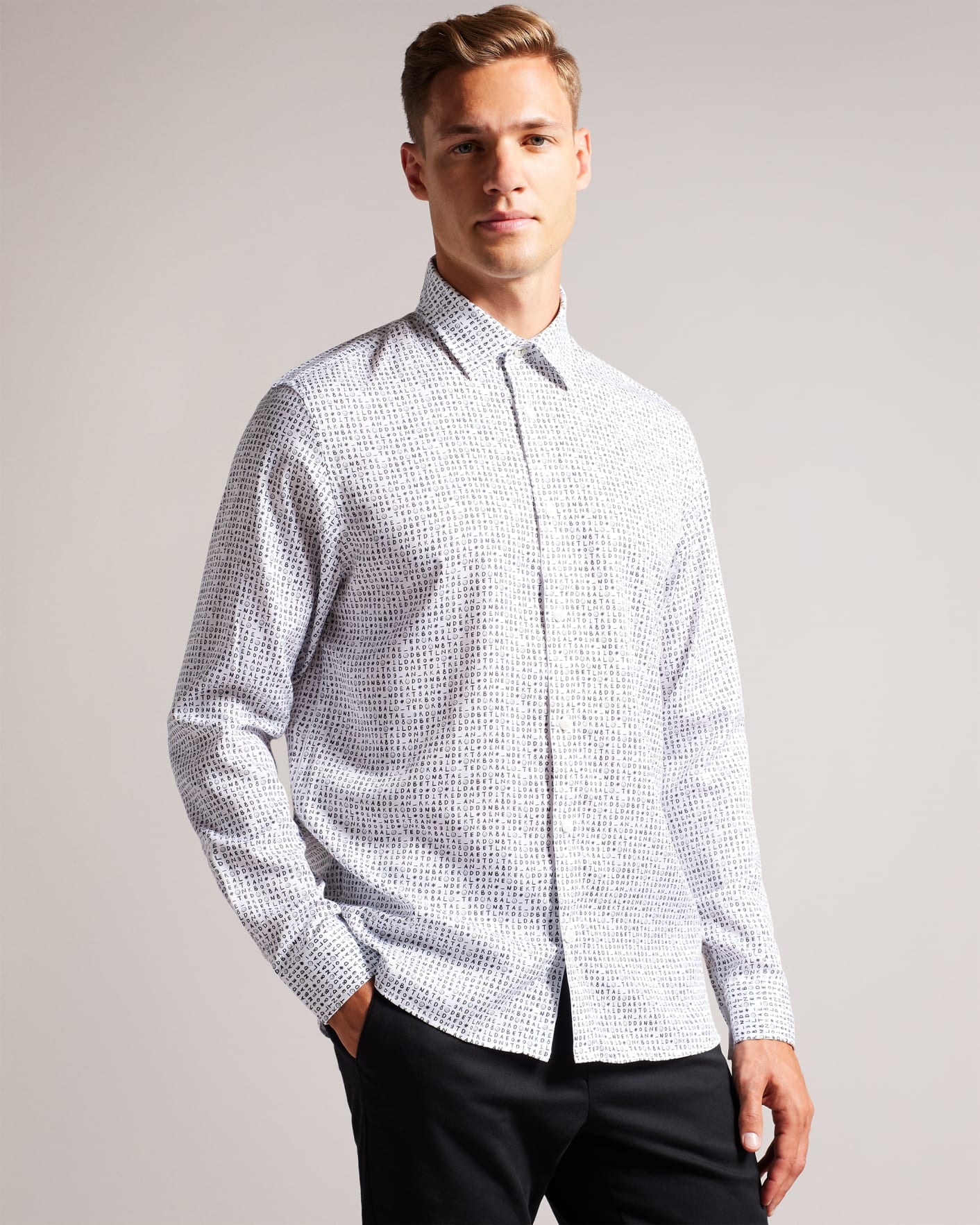 White Long Sleeve Ted Text Print Shirt Ted Baker