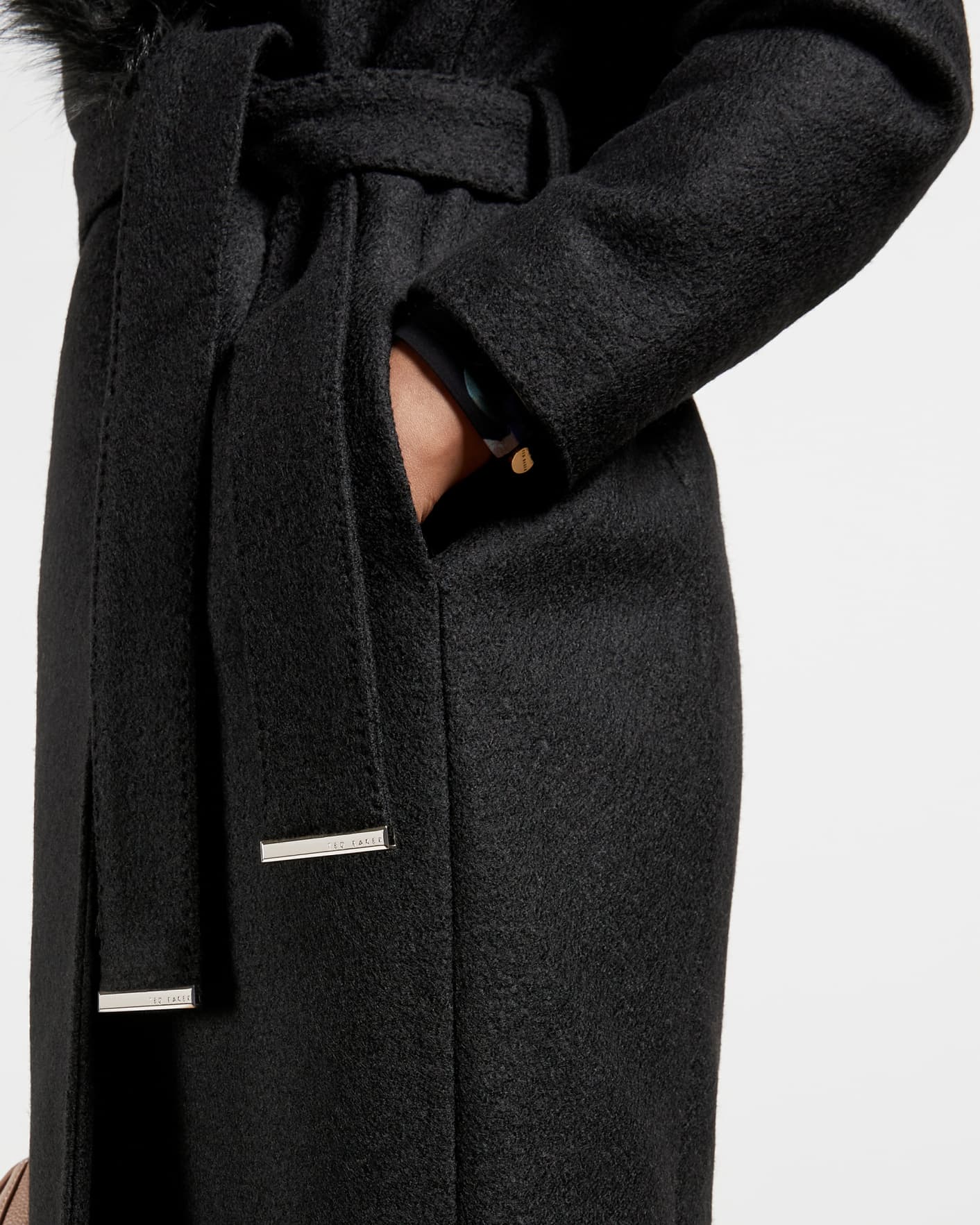 Black Faux Fur Collar Wrap Coat Ted Baker