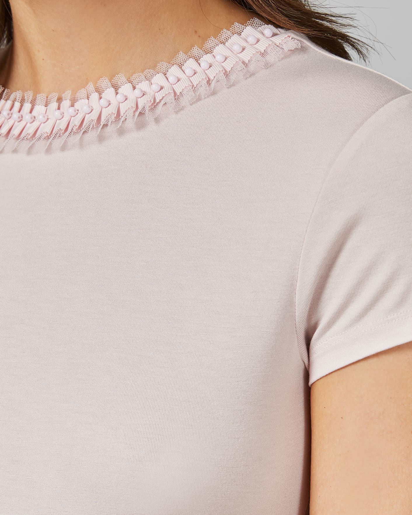 Nude-Pink Frill Neck Fitted T Shirt Ted Baker