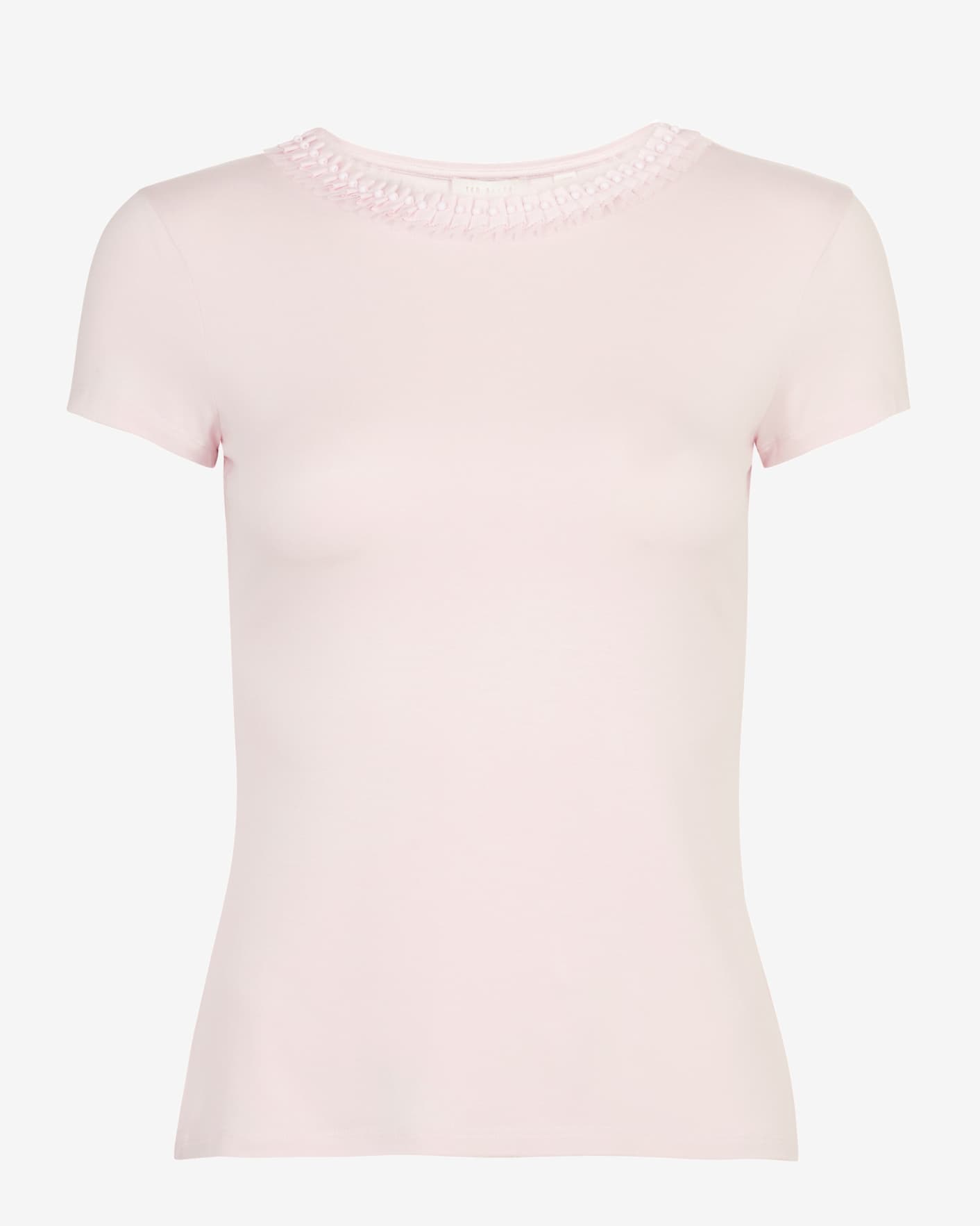 Nude-Pink Frill Neck Fitted T Shirt Ted Baker