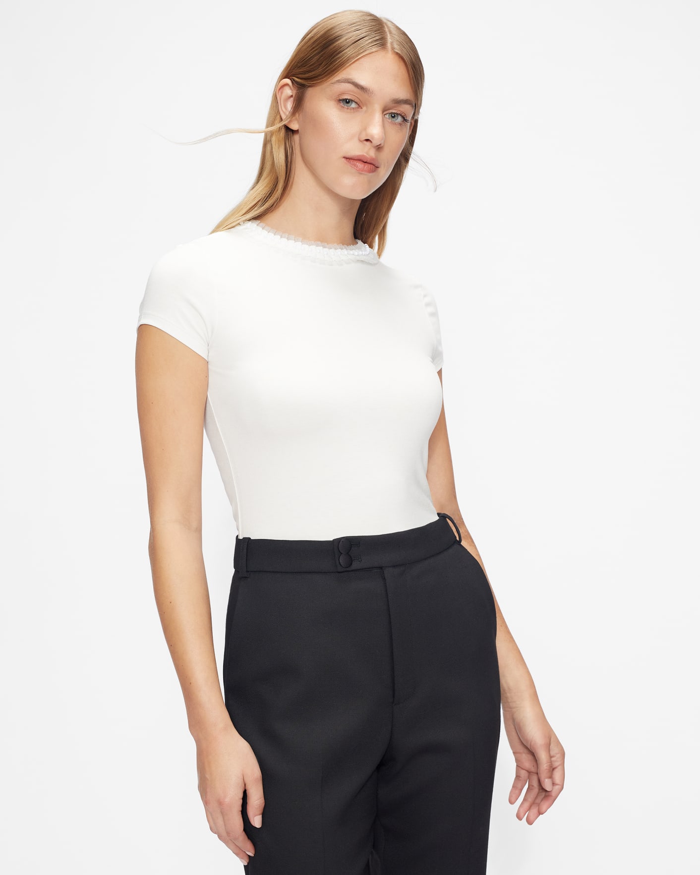 White Frill Neck Fitted T Shirt Ted Baker