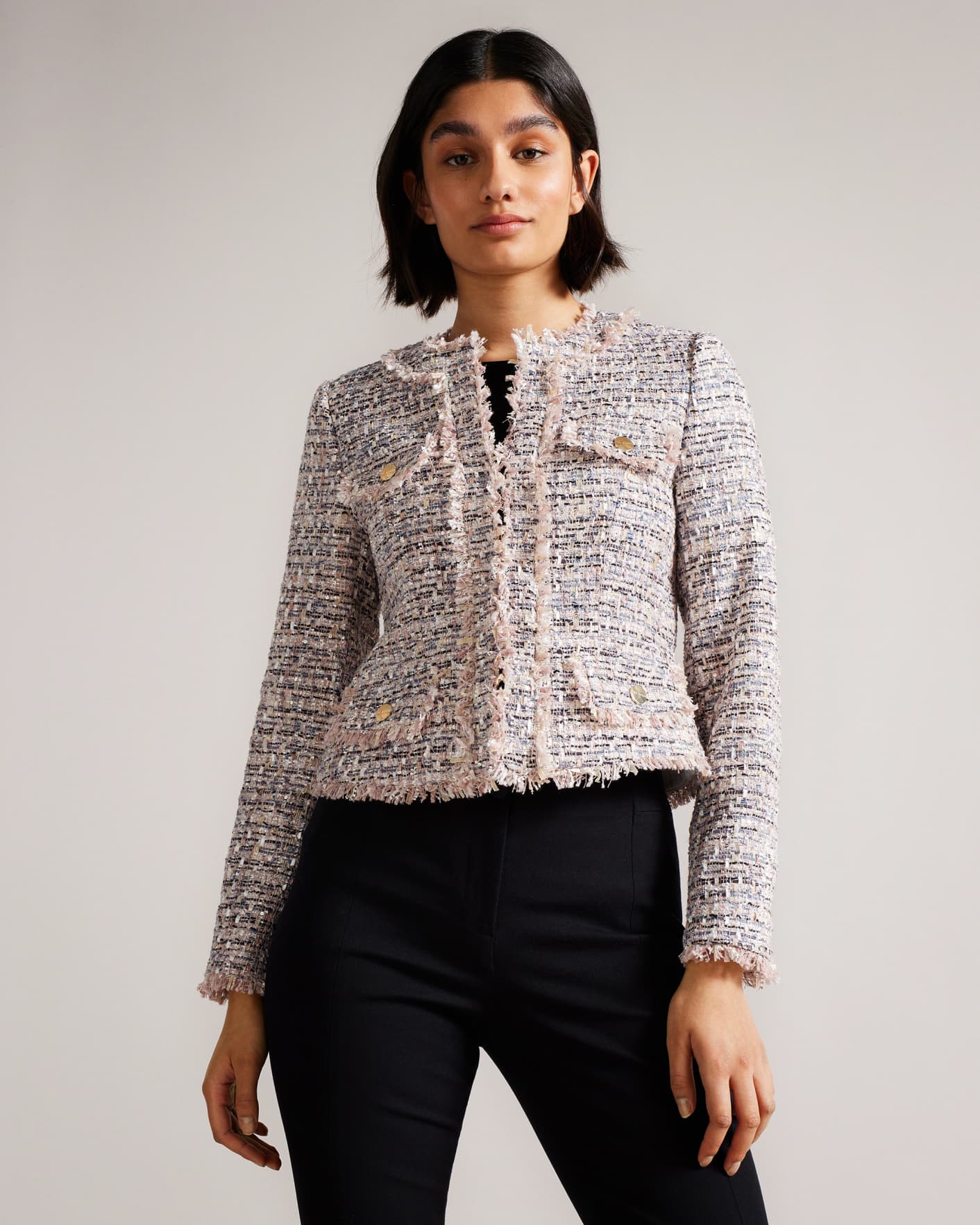 Hellrosa Cropped Boucle Jacket With Fray Detail Ted Baker