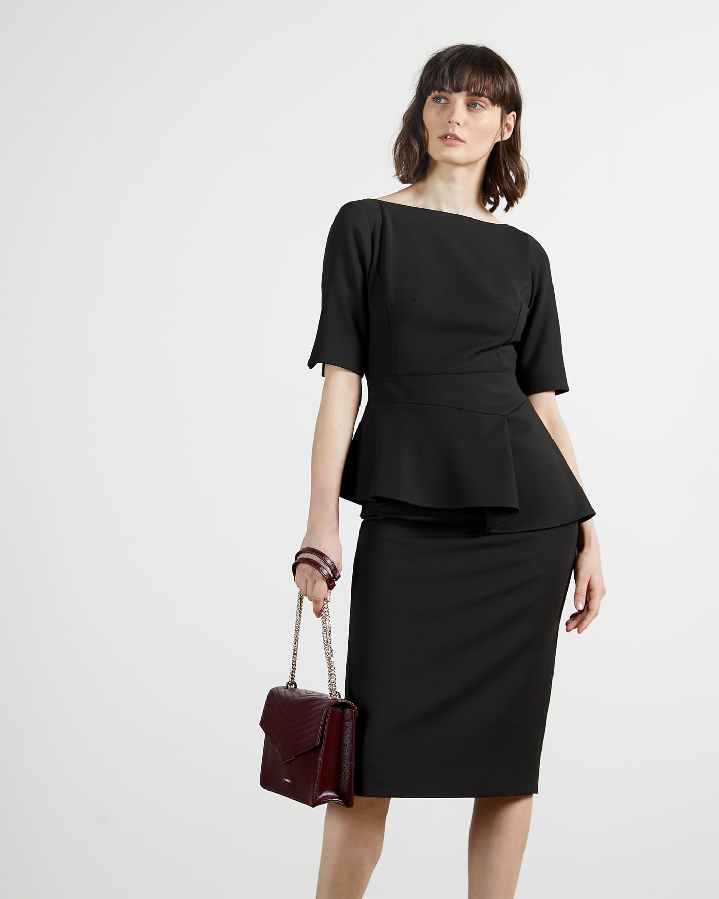 Black Peplum Detail Short Sleeve Dress Ted Baker